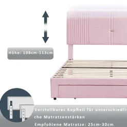 Okwish Lit avec Rangement 160x200 cm - Lit Capitonné Double Adulte avec Bande Lumineuse, Port USB et Tiroir - Rose* Lit Avec Rangement