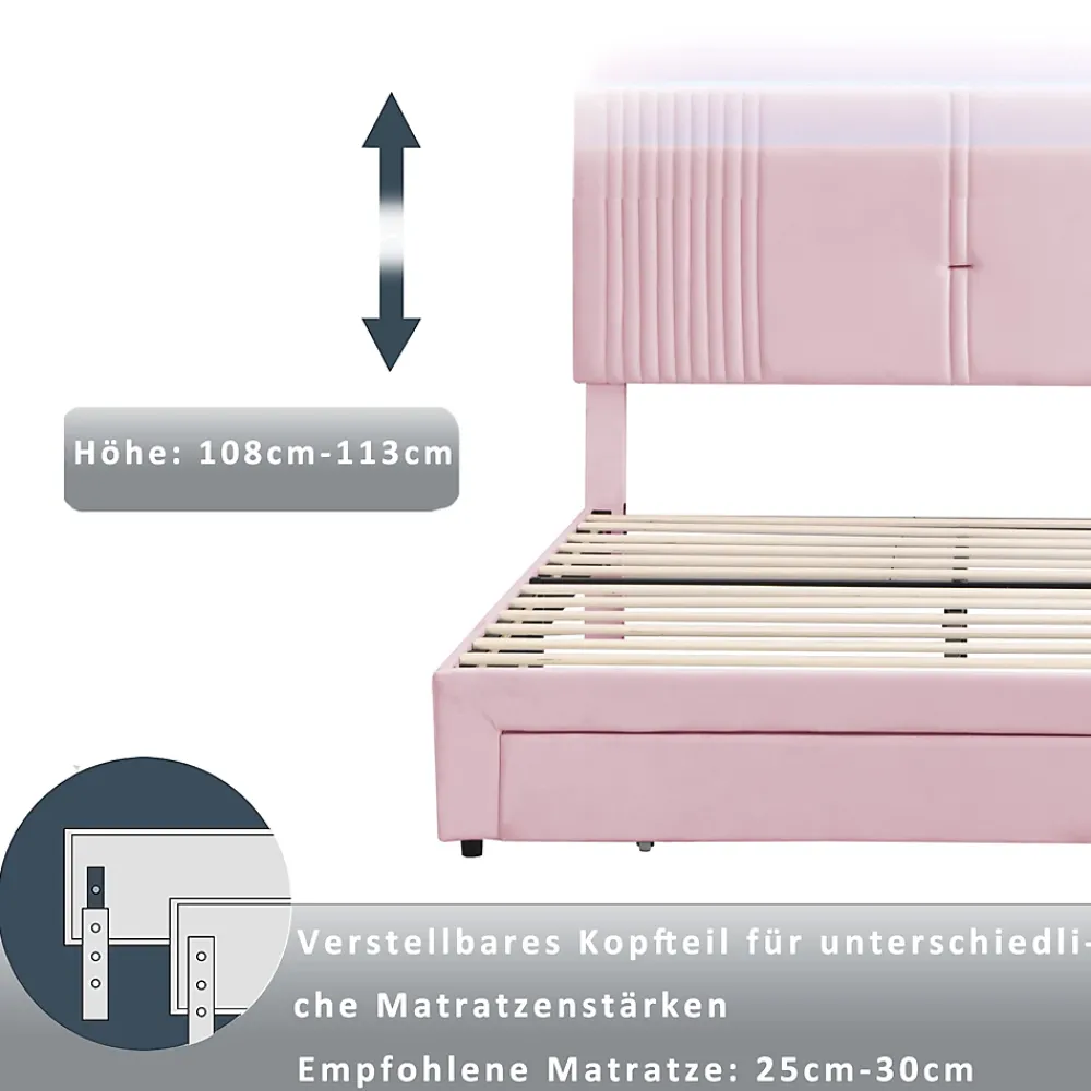Okwish Lit avec Rangement 160x200 cm - Lit Capitonné Double Adulte avec Bande Lumineuse, Port USB et Tiroir - Rose* Lit Avec Rangement
