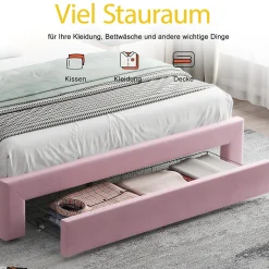 Okwish Lit avec Rangement 160x200 cm - Lit Capitonné Double Adulte avec Bande Lumineuse, Port USB et Tiroir - Rose* Lit Avec Rangement