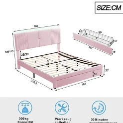 Okwish Lit avec Rangement 160x200 cm - Lit Capitonné Double Adulte avec Bande Lumineuse, Port USB et Tiroir - Rose* Lit Avec Rangement