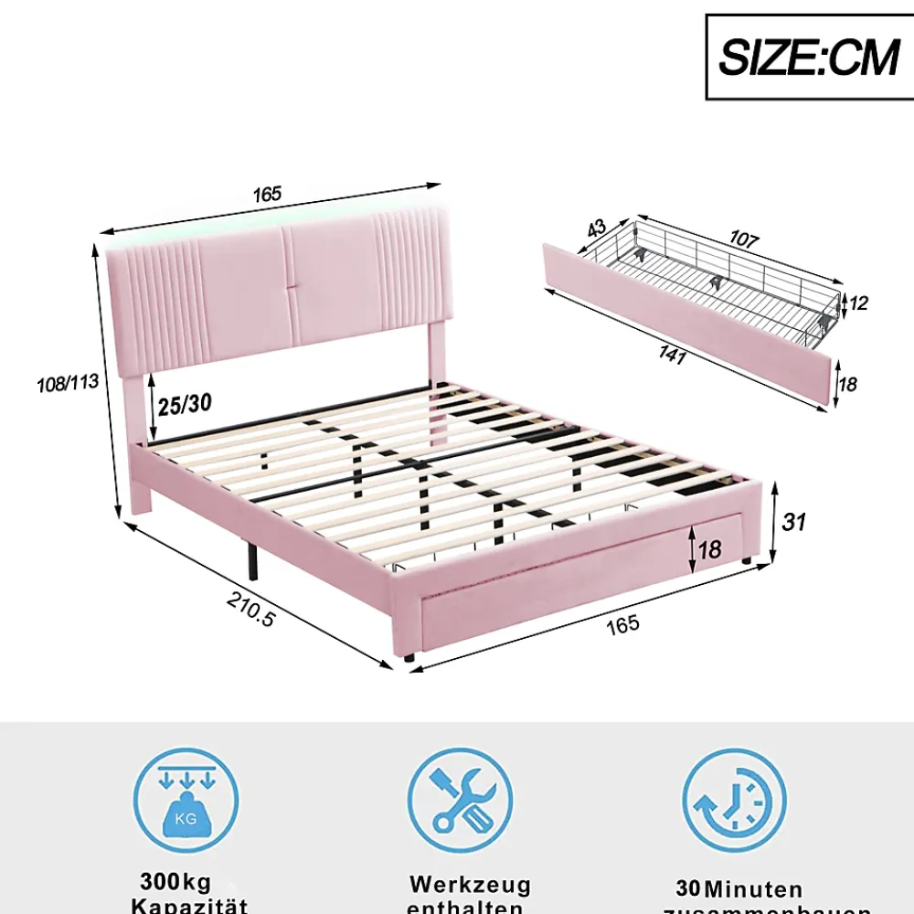 Okwish Lit avec Rangement 160x200 cm - Lit Capitonné Double Adulte avec Bande Lumineuse, Port USB et Tiroir - Rose* Lit Avec Rangement