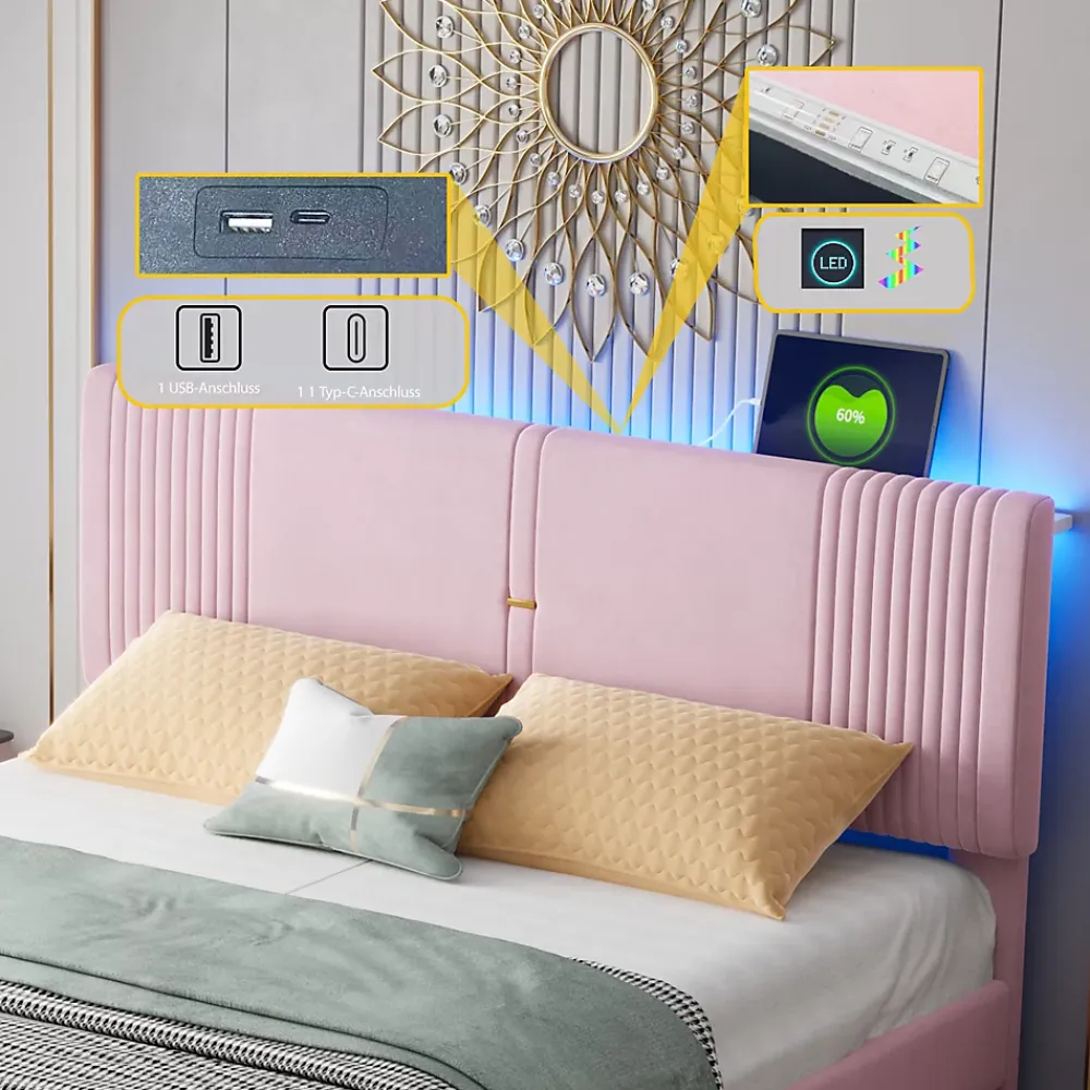 Okwish Lit avec Rangement 160x200 cm - Lit Capitonné Double Adulte avec Bande Lumineuse, Port USB et Tiroir - Rose* Lit Avec Rangement