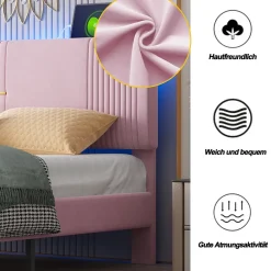 Okwish Lit avec Rangement 160x200 cm - Lit Capitonné Double Adulte avec Bande Lumineuse, Port USB et Tiroir - Rose* Lit Avec Rangement