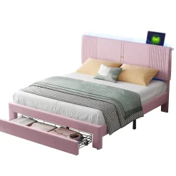 Okwish Lit avec Rangement 160x200 cm - Lit Capitonné Double Adulte avec Bande Lumineuse, Port USB et Tiroir - Rose* Lit Avec Rangement