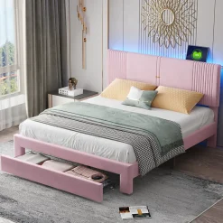 Okwish Lit avec Rangement 160x200 cm - Lit Capitonné Double Adulte avec Bande Lumineuse, Port USB et Tiroir - Rose* Lit Avec Rangement