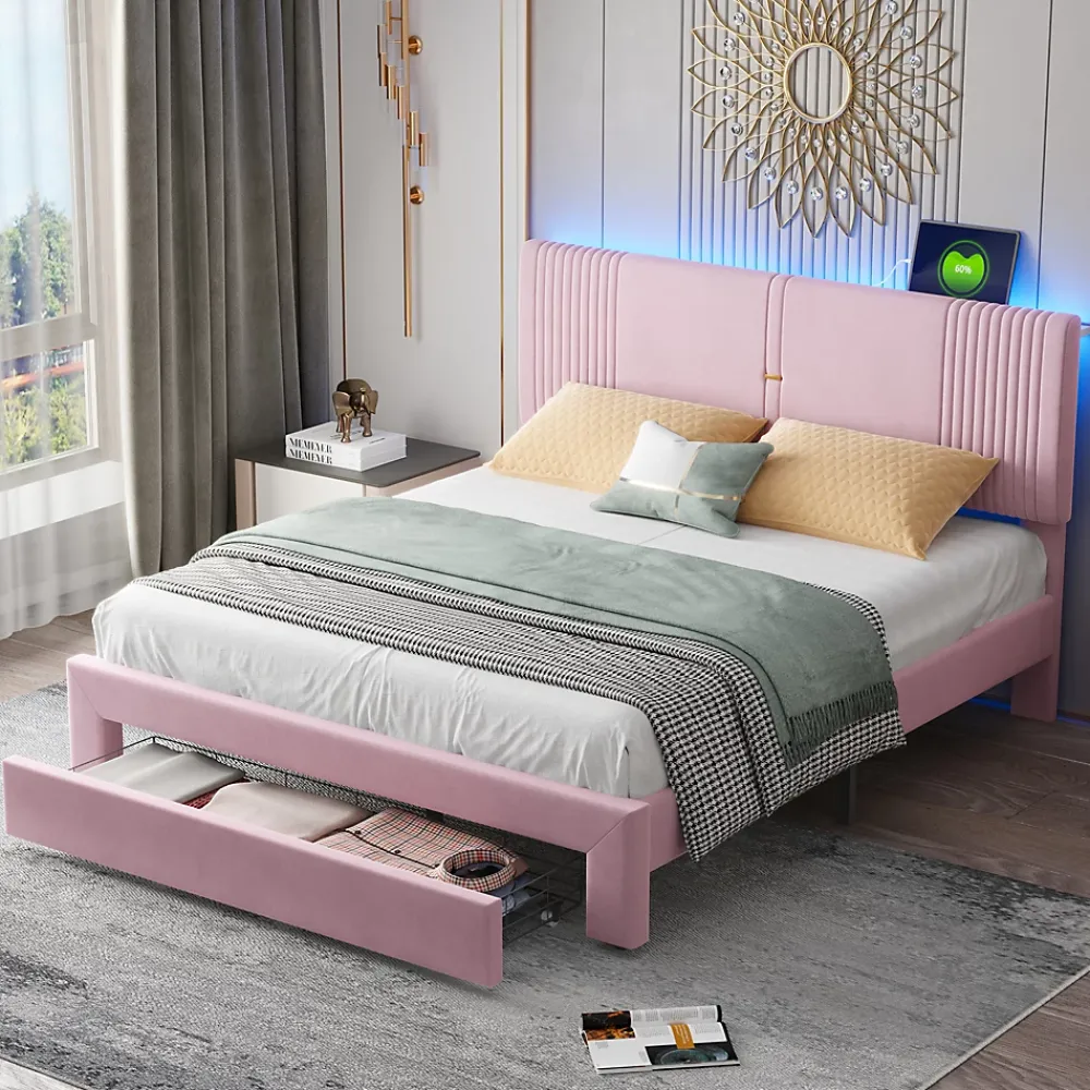 Okwish Lit avec Rangement 160x200 cm - Lit Capitonné Double Adulte avec Bande Lumineuse, Port USB et Tiroir - Rose* Lit Avec Rangement