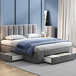 Lit avec rangement 140x200 cm - Lit Double Capitonné avec 4 Tiroirs - Velours - Sans Matelas - Gris>Okwish Sale