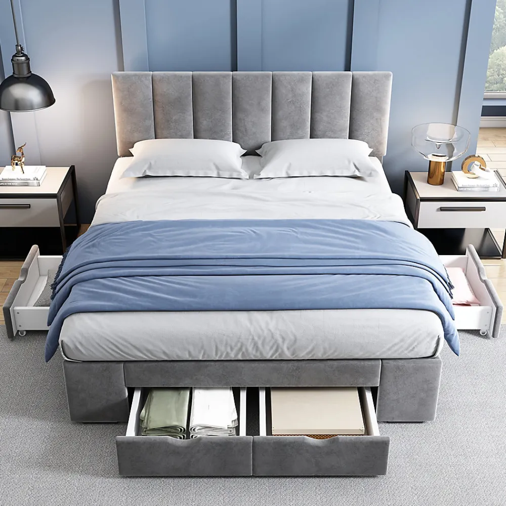 Lit avec rangement 140x200 cm - Lit Double Capitonné avec 4 Tiroirs - Velours - Sans Matelas - Gris>Okwish Sale