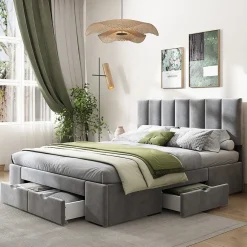 Lit avec rangement 140x200 cm - Lit Double Capitonné avec 4 Tiroirs - Velours - Sans Matelas - Gris><noscript><img width=