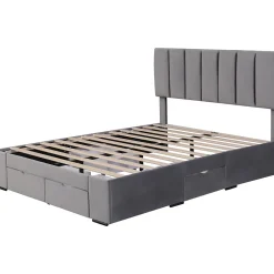Lit avec rangement 140x200 cm - Lit Double Capitonné avec 4 Tiroirs - Velours - Sans Matelas - Gris><noscript><img width=
