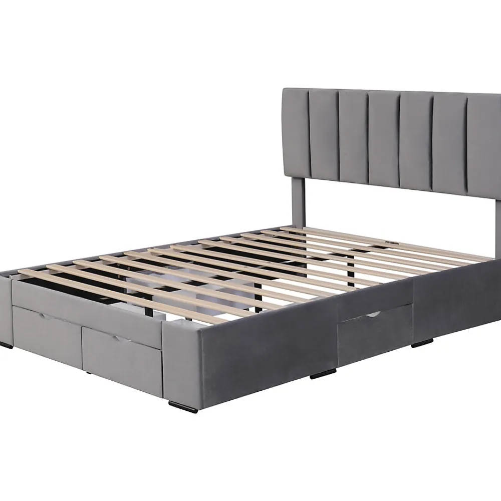Lit avec rangement 140x200 cm - Lit Double Capitonné avec 4 Tiroirs - Velours - Sans Matelas - Gris>Okwish Sale