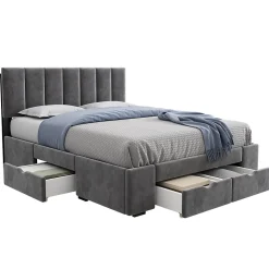 Lit avec rangement 140x200 cm - Lit Double Capitonné avec 4 Tiroirs - Velours - Sans Matelas - Gris><noscript><img width=