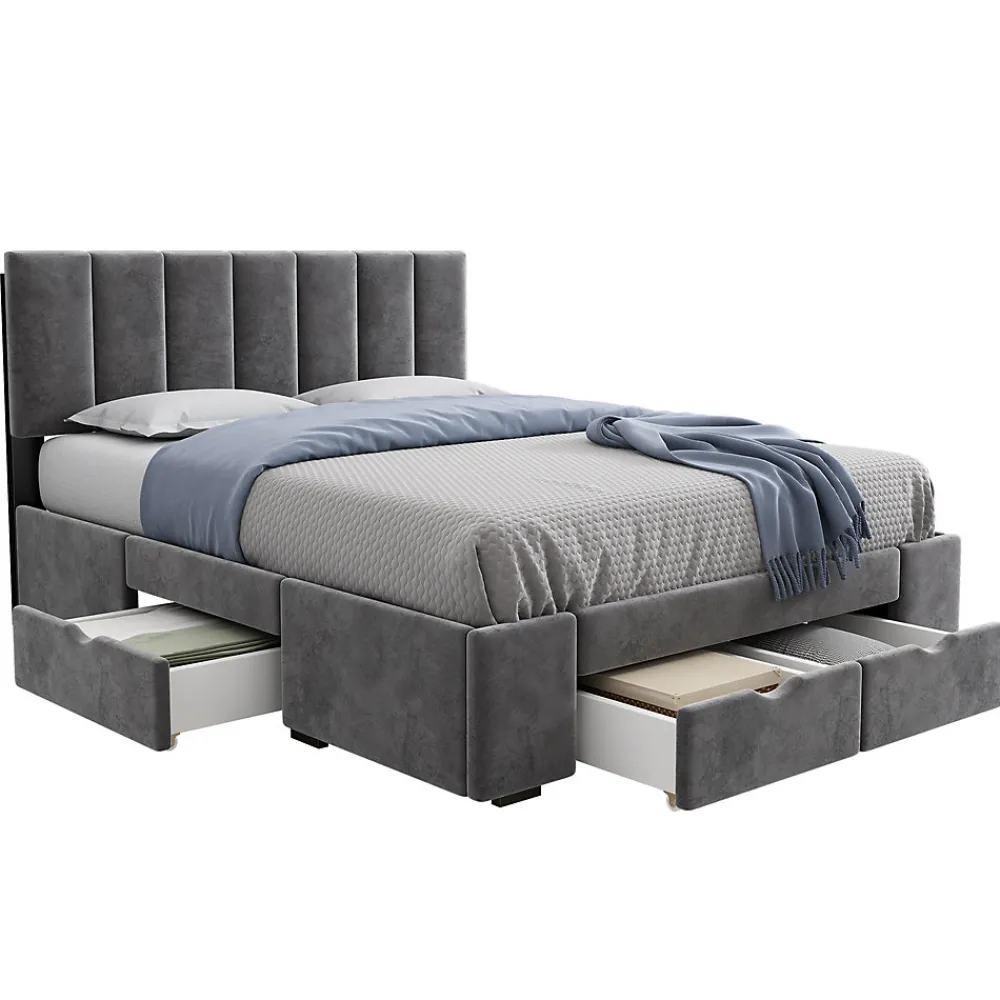 Lit avec rangement 140x200 cm - Lit Double Capitonné avec 4 Tiroirs - Velours - Sans Matelas - Gris>Okwish Sale