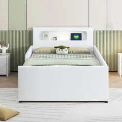 Okwish Lit avec rangement 90x200 cm - Lit enfant capitonné avec veilleuse et port USB - Similicuir - Sans matelas - Blanc* Lit Avec Rangement