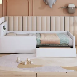 Okwish Lit avec rangement 90x200 cm - Lit enfant capitonné avec veilleuse et port USB - Similicuir - Sans matelas - Blanc* Lit Avec Rangement