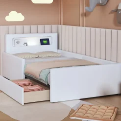 Okwish Lit avec rangement 90x200 cm - Lit enfant capitonné avec veilleuse et port USB - Similicuir - Sans matelas - Blanc* Lit Avec Rangement