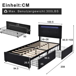 Okwish Lit avec rangement 90x200 cm - Lit simple capitonné avec LED et 2 tiroirs - Bois massif + Lin + Métal - Sans Matelas - Noir* Lit Avec Rangement