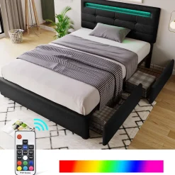 Okwish Lit avec rangement 90x200 cm - Lit simple capitonné avec LED et 2 tiroirs - Bois massif + Lin + Métal - Sans Matelas - Noir* Lit Avec Rangement