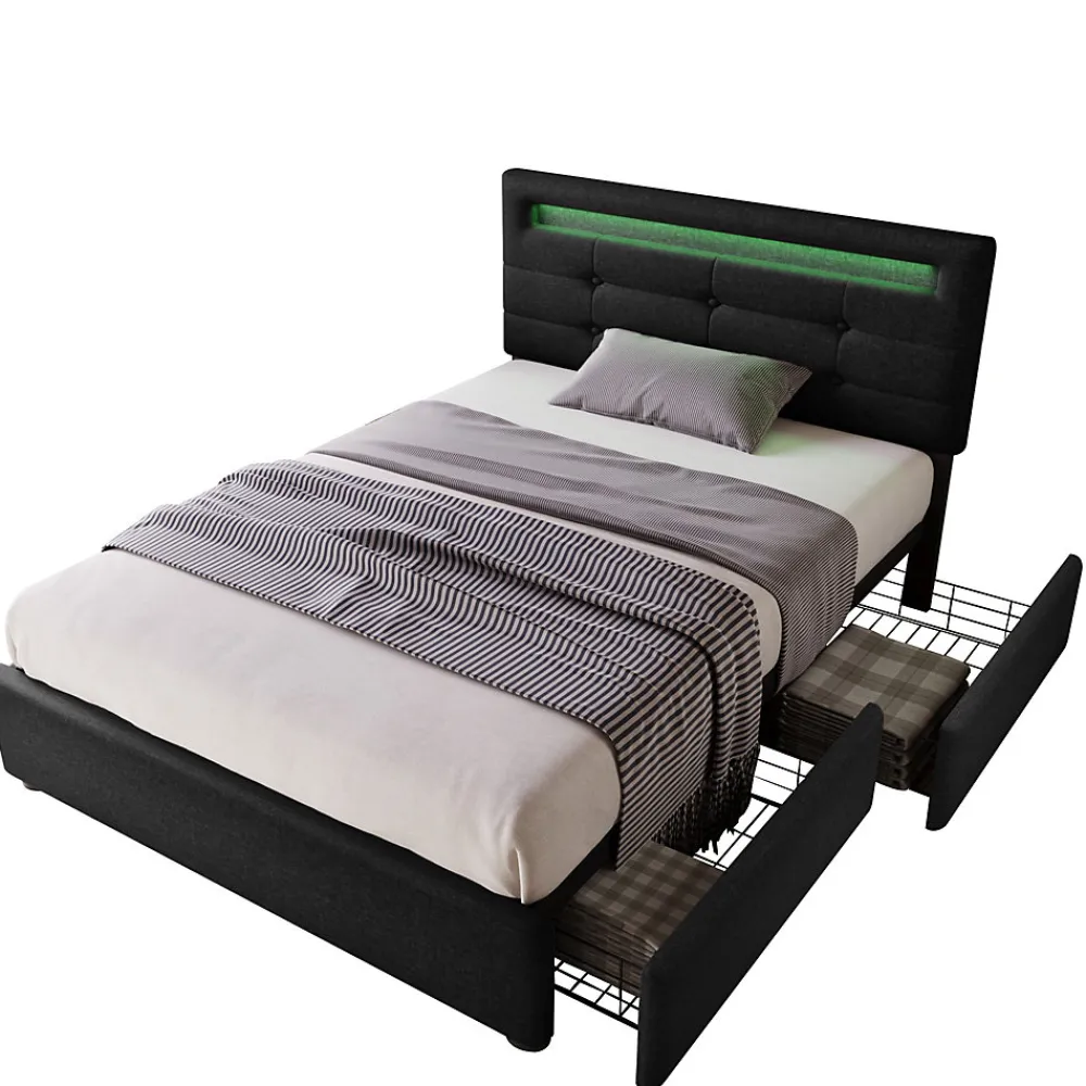 Okwish Lit avec rangement 90x200 cm - Lit simple capitonné avec LED et 2 tiroirs - Bois massif + Lin + Métal - Sans Matelas - Noir* Lit Avec Rangement
