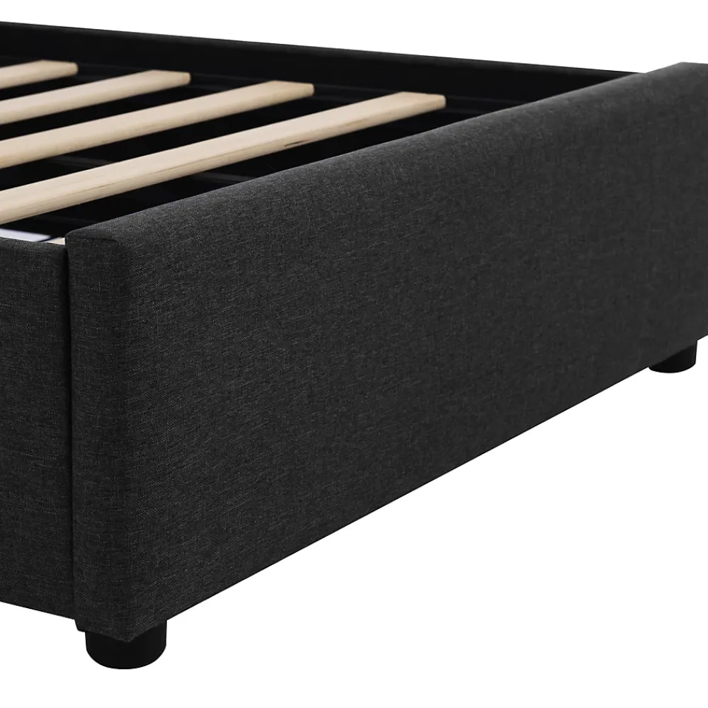 Okwish Lit avec rangement 90x200 cm - Lit simple capitonné avec LED et 2 tiroirs - Bois massif + Lin + Métal - Sans Matelas - Noir* Lit Avec Rangement