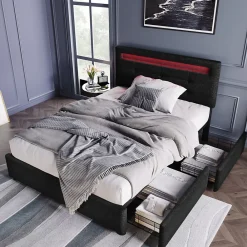 Okwish Lit avec rangement 90x200 cm - Lit simple capitonné avec LED et 2 tiroirs - Bois massif + Lin + Métal - Sans Matelas - Noir* Lit Avec Rangement