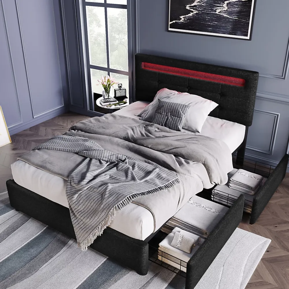 Okwish Lit avec rangement 90x200 cm - Lit simple capitonné avec LED et 2 tiroirs - Bois massif + Lin + Métal - Sans Matelas - Noir* Lit Avec Rangement