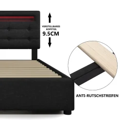 Okwish Lit avec rangement 90x200 cm - Lit simple capitonné avec LED et 2 tiroirs - Bois massif + Lin + Métal - Sans Matelas - Noir* Lit Avec Rangement
