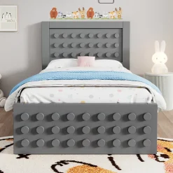 Okwish Lit avec rangement 90x200 cm - Lit simple avec tiroirs intégrés et design créatif - en MDF et bois massif - Gris - Sans matelas* Lit Avec Rangement