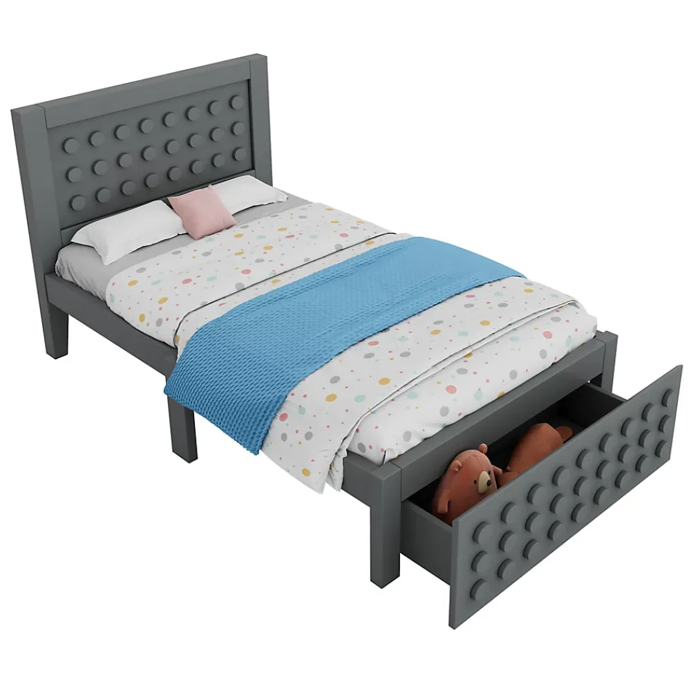 Okwish Lit avec rangement 90x200 cm - Lit simple avec tiroirs intégrés et design créatif - en MDF et bois massif - Gris - Sans matelas* Lit Avec Rangement