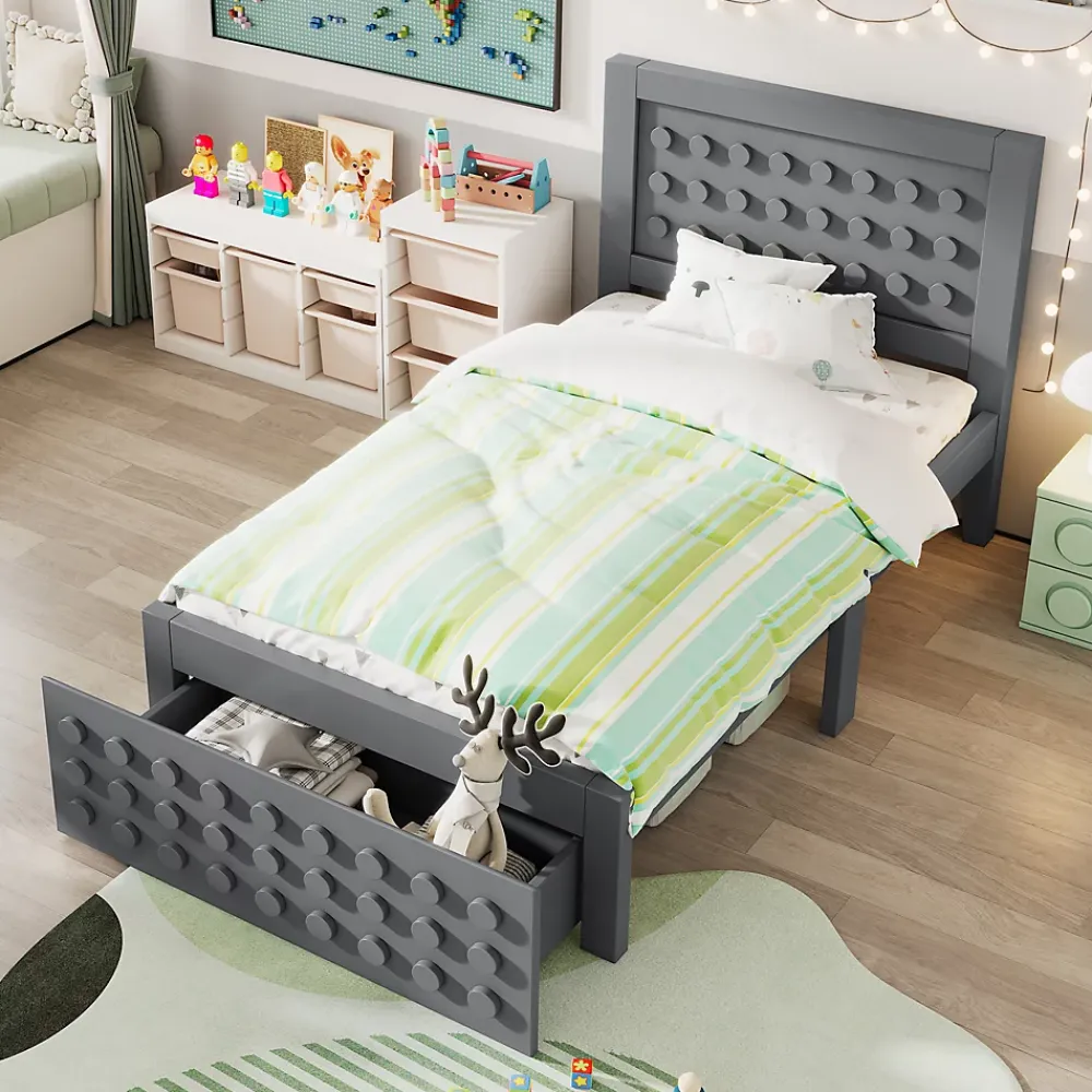 Okwish Lit avec rangement 90x200 cm - Lit simple avec tiroirs intégrés et design créatif - en MDF et bois massif - Gris - Sans matelas* Lit Avec Rangement