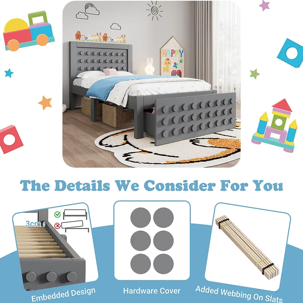 Okwish Lit avec rangement 90x200 cm - Lit simple avec tiroirs intégrés et design créatif - en MDF et bois massif - Gris - Sans matelas* Lit Avec Rangement