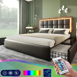 Lit avec Rangement 160x200 cm - Lit Double Capitonné avec 4 Tiroirs, Bandeau LED et Tête Réglable, Sans Matelas, PU, Noir>Okwish Outlet