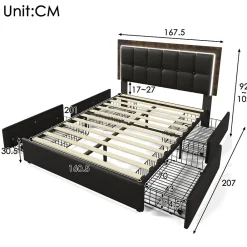 Lit avec Rangement 160x200 cm - Lit Double Capitonné avec 4 Tiroirs, Bandeau LED et Tête Réglable, Sans Matelas, PU, Noir><noscript><img width=