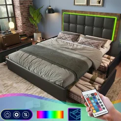 Lit avec Rangement 160x200 cm - Lit Double Capitonné avec 4 Tiroirs, Bandeau LED et Tête Réglable, Sans Matelas, PU, Noir><noscript><img width=