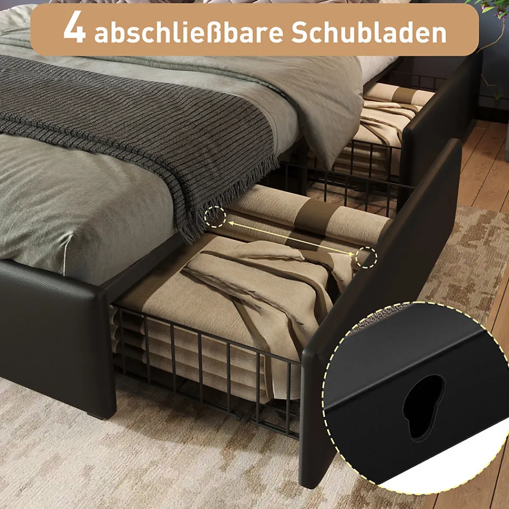 Lit avec Rangement 160x200 cm - Lit Double Capitonné avec 4 Tiroirs, Bandeau LED et Tête Réglable, Sans Matelas, PU, Noir>Okwish Outlet