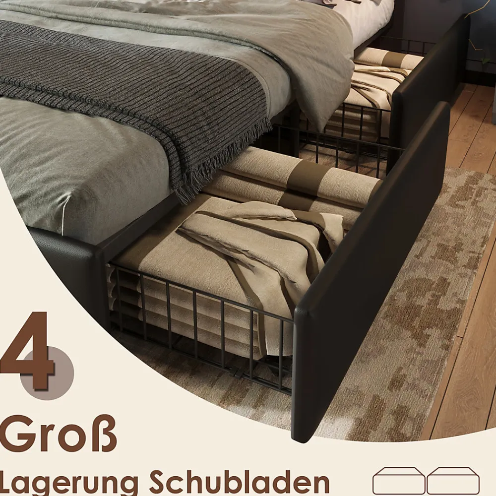 Lit avec Rangement 160x200 cm - Lit Double Capitonné avec 4 Tiroirs, Bandeau LED et Tête Réglable, Sans Matelas, PU, Noir>Okwish Outlet
