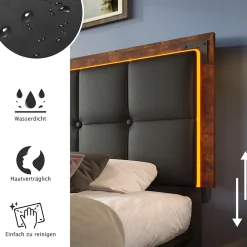 Lit avec Rangement 160x200 cm - Lit Double Capitonné avec 4 Tiroirs, Bandeau LED et Tête Réglable, Sans Matelas, PU, Noir><noscript><img width=