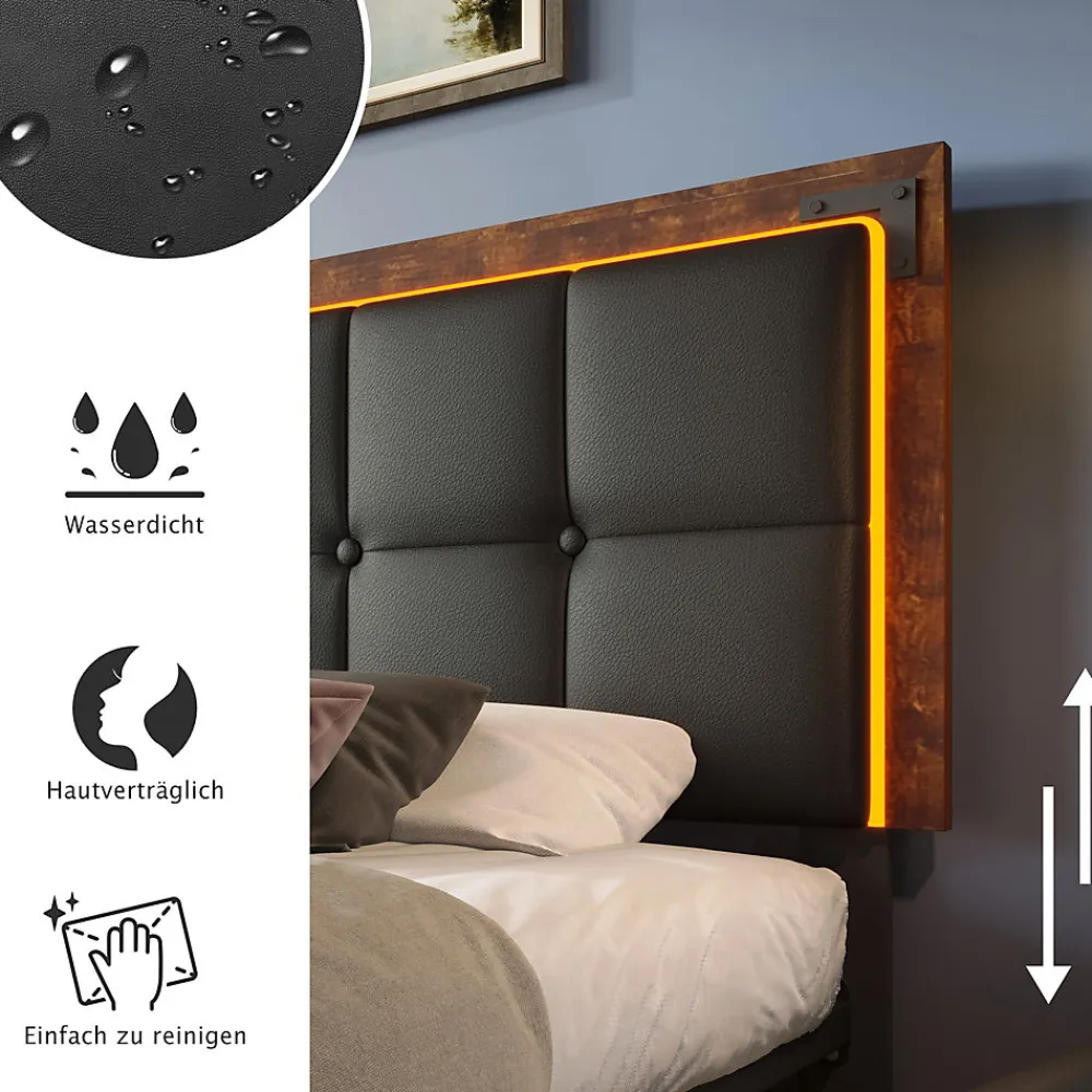 Lit avec Rangement 160x200 cm - Lit Double Capitonné avec 4 Tiroirs, Bandeau LED et Tête Réglable, Sans Matelas, PU, Noir>Okwish Outlet