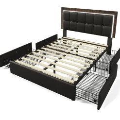 Lit avec Rangement 160x200 cm - Lit Double Capitonné avec 4 Tiroirs, Bandeau LED et Tête Réglable, Sans Matelas, PU, Noir><noscript><img width=