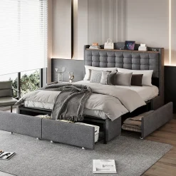 Lit avec Rangement 140x200 cm - Lit Double avec 4 Tiroirs, Port USB et Table de Chevet, Lin, Sans Matelas, Gris>Okwish