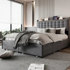 Lit avec Rangement 140x200 cm - Lit Double avec 4 Tiroirs, Port USB et Table de Chevet, Lin, Sans Matelas, Gris>Okwish