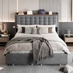 Lit avec Rangement 140x200 cm - Lit Double avec 4 Tiroirs, Port USB et Table de Chevet, Lin, Sans Matelas, Gris><noscript><img width=
