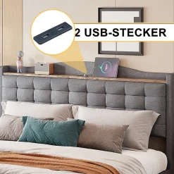 Lit avec Rangement 140x200 cm - Lit Double avec 4 Tiroirs, Port USB et Table de Chevet, Lin, Sans Matelas, Gris><noscript><img width=