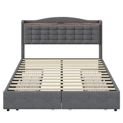 Lit avec Rangement 140x200 cm - Lit Double avec 4 Tiroirs, Port USB et Table de Chevet, Lin, Sans Matelas, Gris><noscript><img width=
