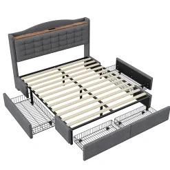 Lit avec Rangement 140x200 cm - Lit Double avec 4 Tiroirs, Port USB et Table de Chevet, Lin, Sans Matelas, Gris><noscript><img width=