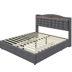 Lit avec Rangement 140x200 cm - Lit Double avec 4 Tiroirs, Port USB et Table de Chevet, Lin, Sans Matelas, Gris><noscript><img width=
