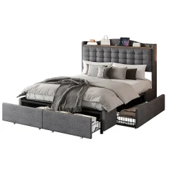 Lit avec Rangement 140x200 cm - Lit Double avec 4 Tiroirs, Port USB et Table de Chevet, Lin, Sans Matelas, Gris><noscript><img width=