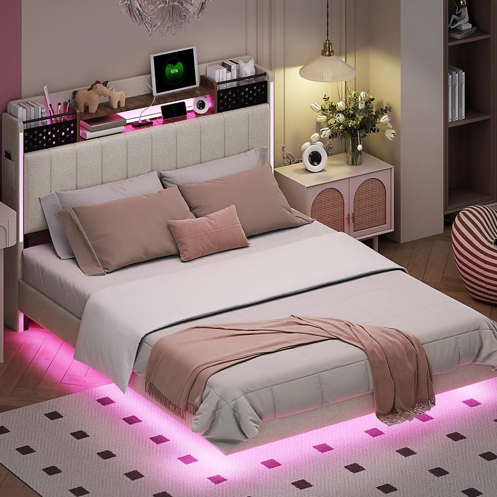 Lit avec rangement 140x200 cm - Lit double capitonné avec éclairage LED - lin + Métal - Sans matelas - Beige>Okwish Hot