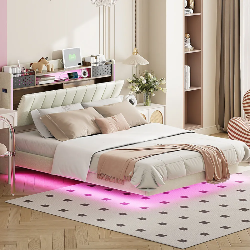 Lit avec rangement 140x200 cm - Lit double capitonné avec éclairage LED - lin + Métal - Sans matelas - Beige>Okwish Hot