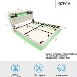 Lit avec rangement 140x200 cm - Lit double capitonné avec éclairage LED - lin + Métal - Sans matelas - Beige><noscript><img width=